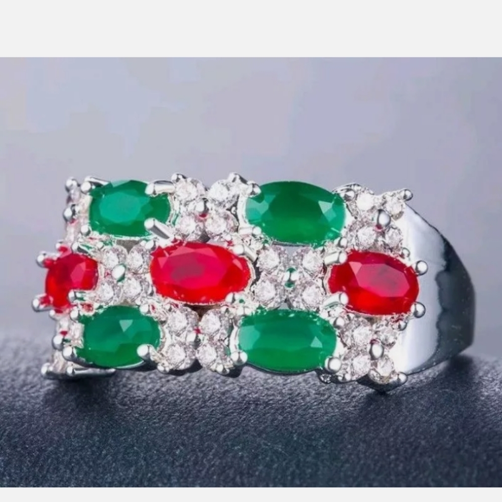 Emerald/Ruby/White Topaz Ring 925 Silver - image 3